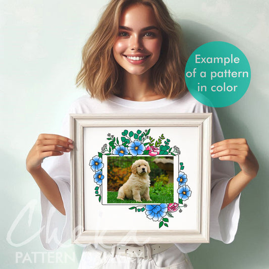 Photo frame, hand embroidery pattern with blue flowers, handmade embroidered frame, digital hand embroidery pattern PDF. Nature Embroidery