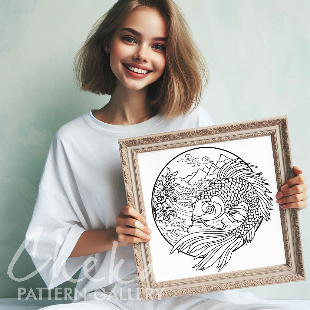 Koi Fish Embroidery, Fish Embroidery Template. Koi Fish Embroidery Pattern, PDF Download Hand Embroidery. Japanese embroidery design PDF