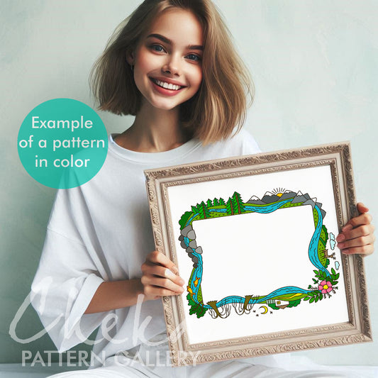 Photo frame, hand embroidery pattern, landscape and mountains, handmade embroidered frame, digital hand embroidery pattern. Nature Embroidery