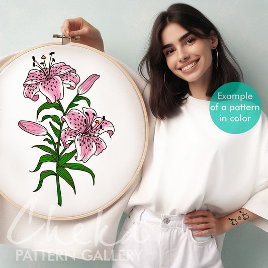 Tiger Lilies Hand Embroidery Pattern, Pink Lilies Pattern, Lily Embroidery, Floral Embroidery, Hand Embroidery Pattern, Botanical Embroidery