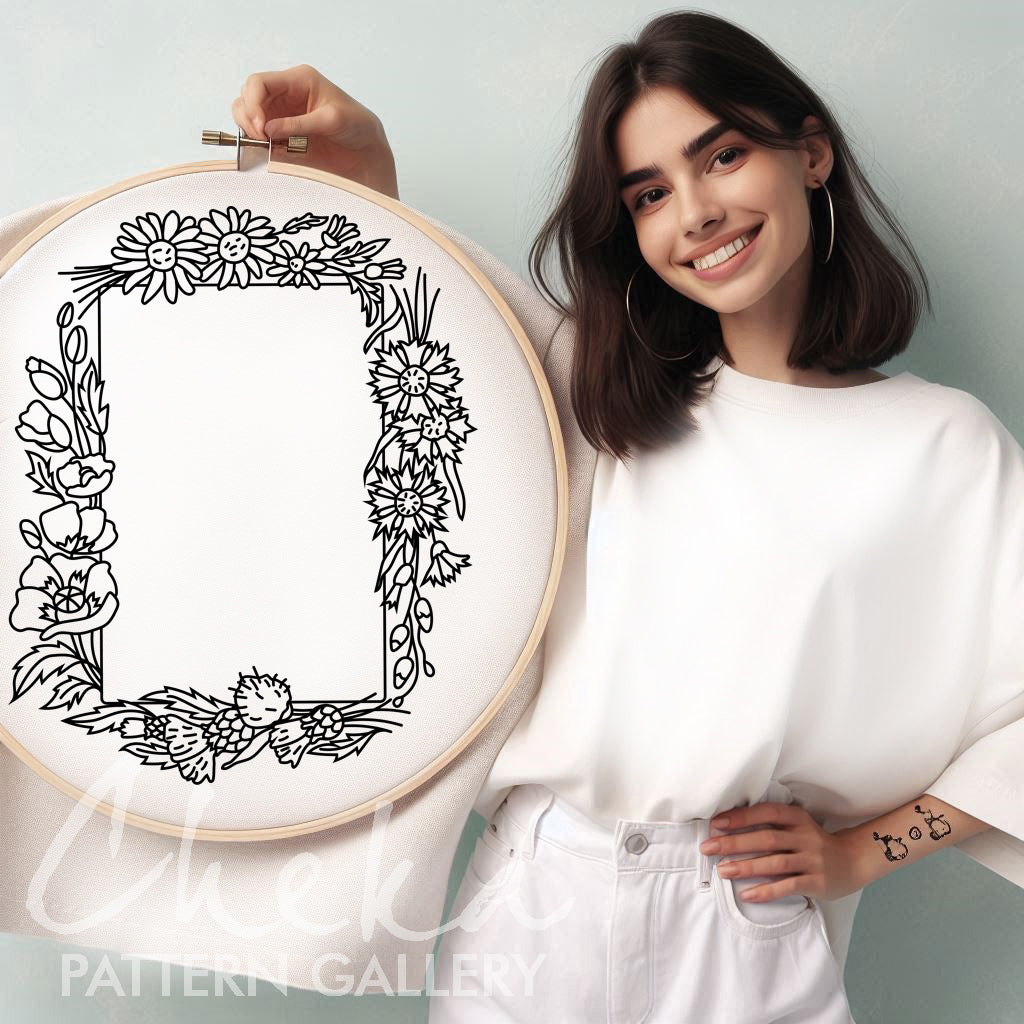 Photo frame pattern, hand embroidery pattern with summer flowers, handmade photo frame, digital embroidery pattern PDF. Nature Embroidery
