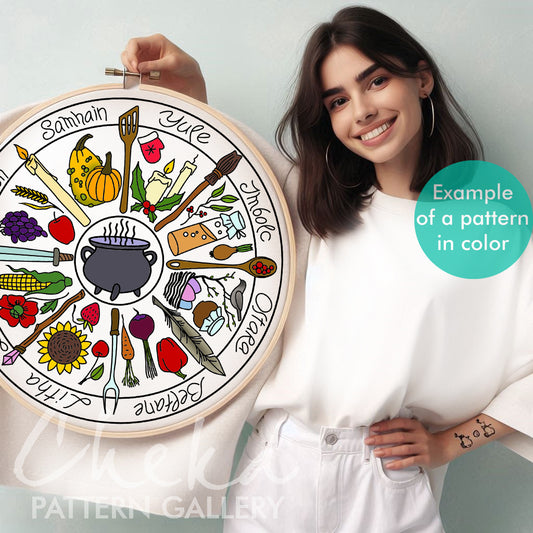 Phenology wheel pattern, calendar to embroider the seasons, year,month embroidery. Yule, Samhain, Imbolc, Ostra. Phenology wheel templates