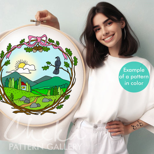 Forest Embroidery Pattern, Landscape template. Embroidery project, Nature Embroidery Pattern PDF, Simple Embroidery, Floral embroidery PDF