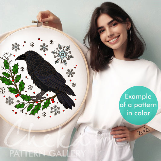 Christmas Pattern, New Magical Year. Raven with Holly. Black Raven among Snowflakes. Magical hand embroidery pattern, Black Magical Bird