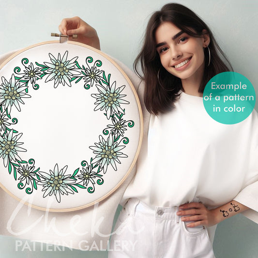 Floral embroidery with edelweiss. Alpine mountain flower. Floral embroidery, hand embroidery pattern.Simple embroidery, Beginner embroidery.
