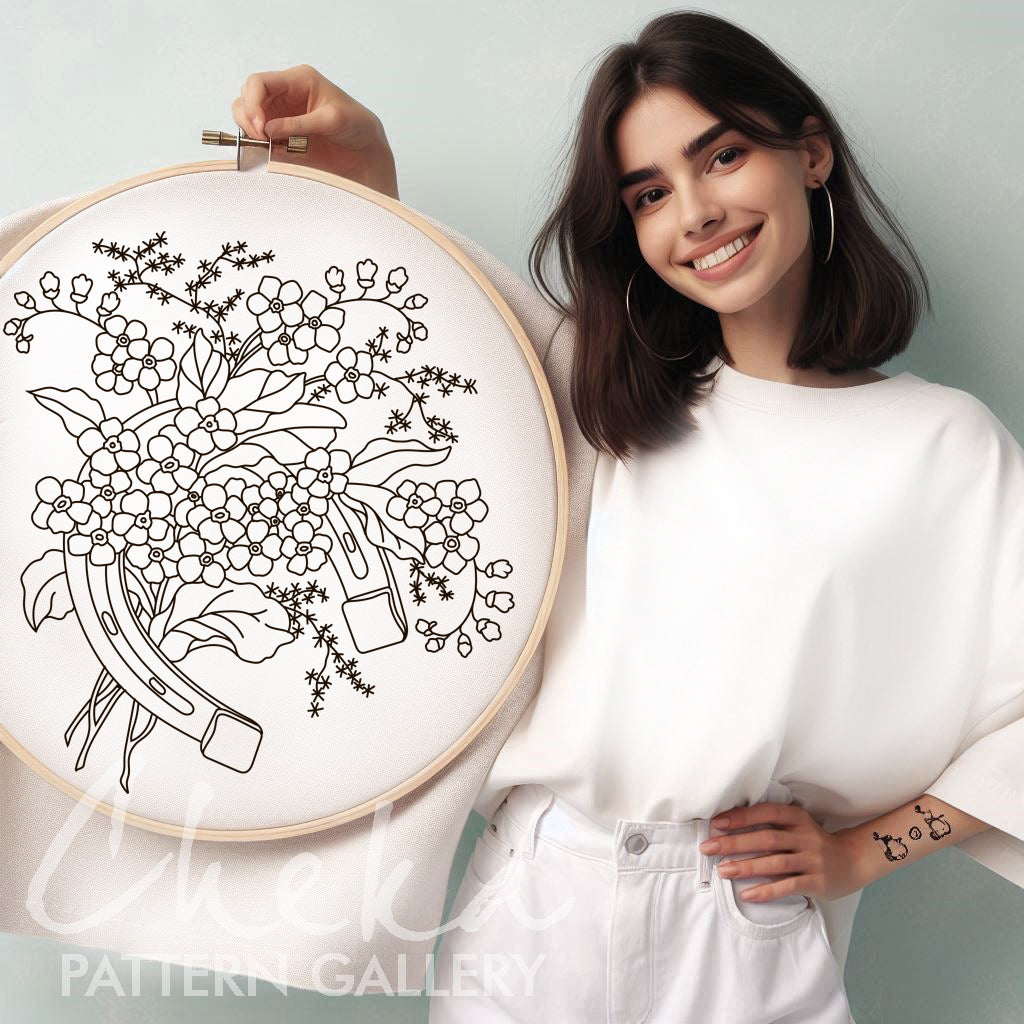 Horseshoe with Forget-me-nots, spring project, horseshoe PDF hand embroidery pattern , symbol of wealth and well-being. Horseshoe template