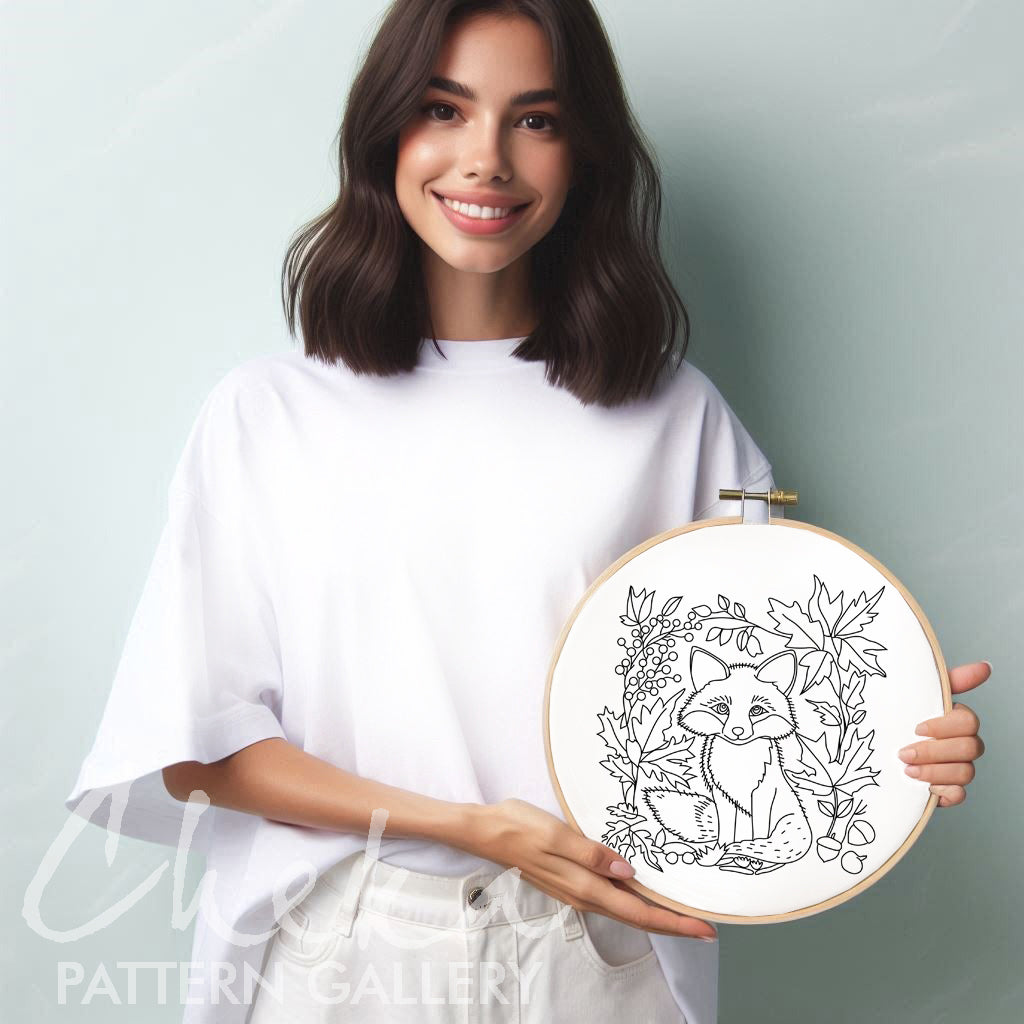 Fox among leaves pattern. Cute baby fox, hand embroidery pattern. Fox pattern, forest animal portrait. Fox lover gift, embroidery pattern