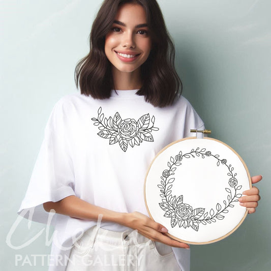 Floral wreath with roses & leaves. Classic pattern for hand embroidery with roses. Simple embroidery pattern PDF , Beginner embroidery.