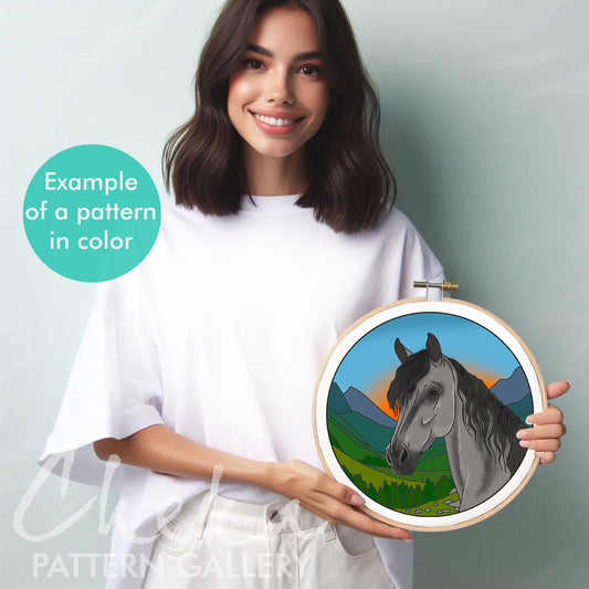 Grey Horse, hand embroidery pattern. Cute horse portrait. Horse embroidery template. Simple embroidery with your own hands. Horse portrait