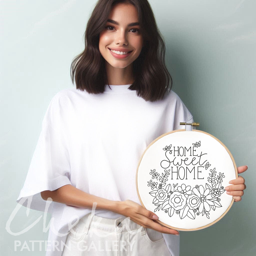 Home sween home, digital embroidery pattern, DIY embroidery project. Pattern for hand embroidery PDF, Simple floral embroidery pattern PDF
