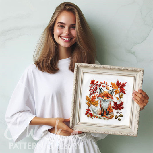 Fox among leaves pattern. Cute baby fox, hand embroidery pattern. Fox pattern, forest animal portrait. Fox lover gift, embroidery pattern