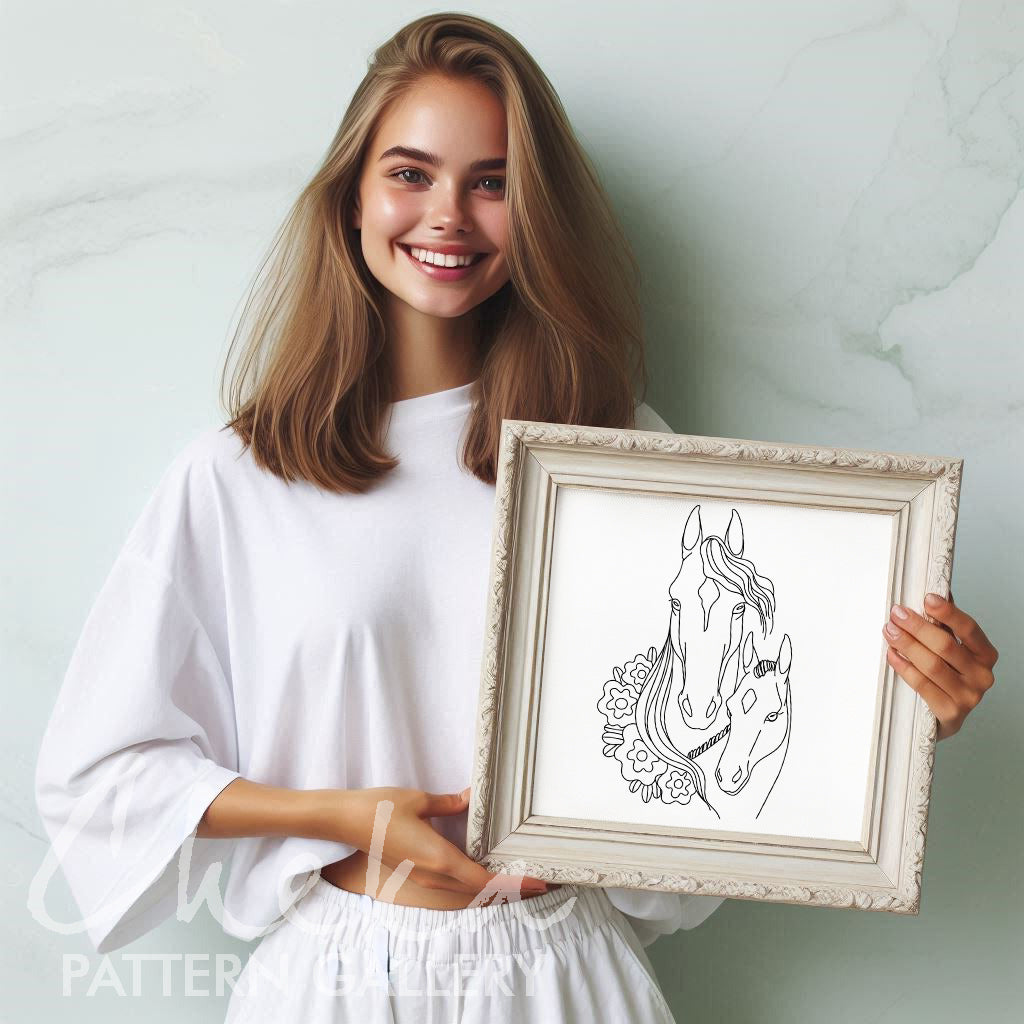 Mare with a foal, hand embroidery pattern. Cute horse portrait. Horse embroidery template. Simple embroidery pattern. Horse digital portrait