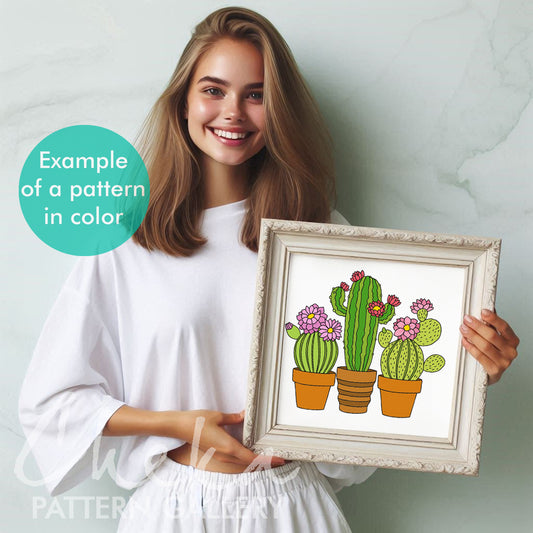 Cactus, hand embroidered pattern. Flowering cacti, house plants, Blooming succulents, Summer Hand Embroidery Pattern PDF, Beginner craft