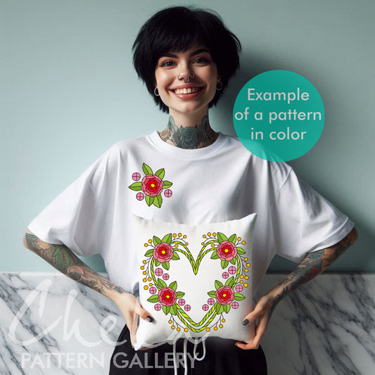 Flower heart, Pink Floral embroidery design, Hand Embroidery pattern, Blueprint, St Valentin embroidery pattern, Hoop art, Handmade gift