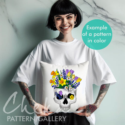 Skull pattern, Skull with spring flowers, hand embroidery pattern, skull embroidery blueprint, Embroidery scheme with skull, spooky hoop art