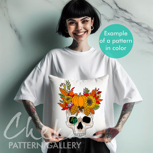 Skull pattern, Autumn jeaves, harvest pattern for hand embroidery, pumpkin embroidery pattern, Embroidery scheme with skull, spooky hoop art