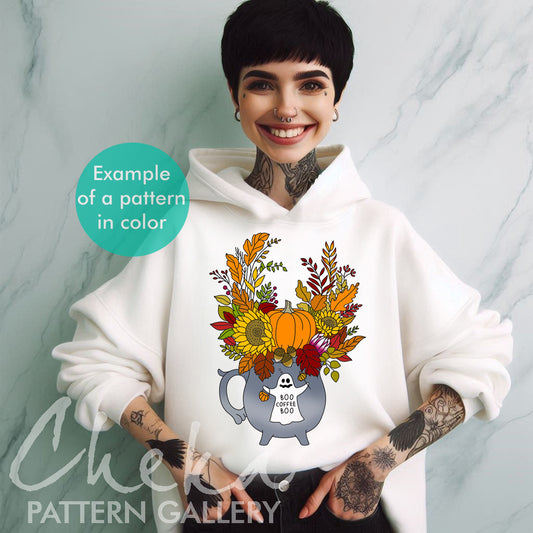 Halloween embroidery design. Cup, pumpkins, leaves and ghosts. Autumn design, Spooky hand embroidery pattern, Pumpkin embroidery pattern