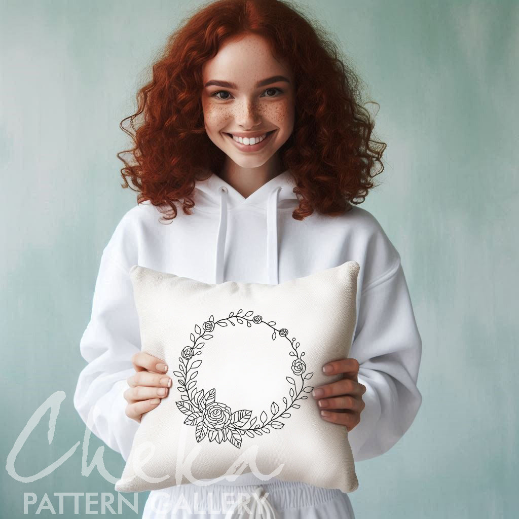 Floral wreath with roses & leaves. Classic pattern for hand embroidery with roses. Simple embroidery pattern PDF , Beginner embroidery.