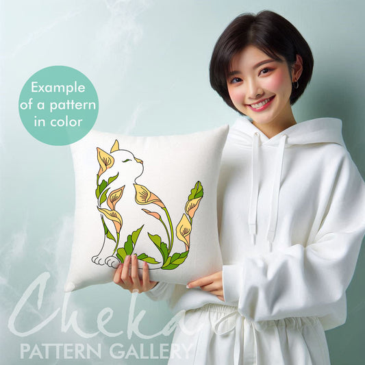 Cat and Flowers Hand embroidery pattern, Cat portrait, Embroidery blueprint, Flower cat. Cat lover gift, Beginner embroidery pattern PDF