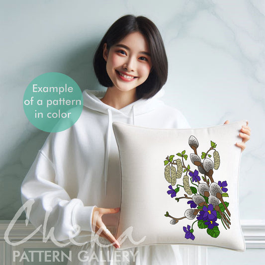 Pussy willow and violets, spring bouquet. Hand embroidery pattern. Easter embroidery, flowers and hazelnuts. Spring embroidery template PDF