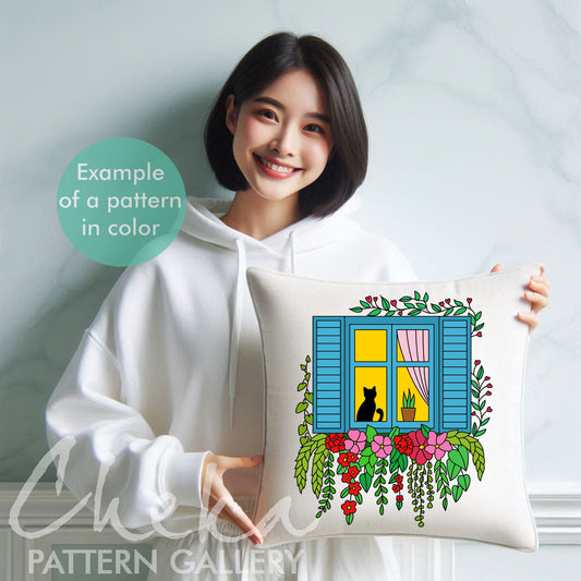 Cottage Hand Embroidery Template, Black Cat by the Window, Window with flowers, Embroidery Pattern PDF, Home Hand Embroidery Pattern