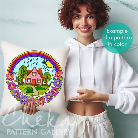 Cottage Hand Embroidery Template, Rainbow Embroidery Pattern, Cottagecore Embroidery Pattern, House Embroidery Pattern, Handmade embroidery