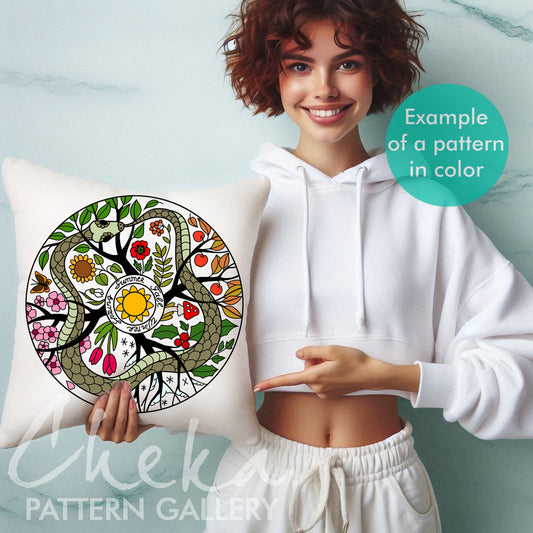 Phenology wheel pattern, The Ouroboros. Phenology wheel template with a snake, calendar to embroider the seasons. PDF embroidery pattern