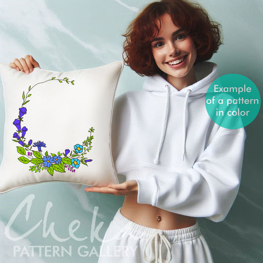 Wildflowers Hand Embroidery Pattern, blue Embroidery, Floral Embroidery Pattern, blue meadow wreath, lavender Wildflowers, modern hoop Art