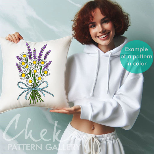 Meadow flowers, hand embroidery pattern PDF. Daisies and Lavender. Decorative Flower bouquet, botanical embroidery. Spring embroidery PDF
