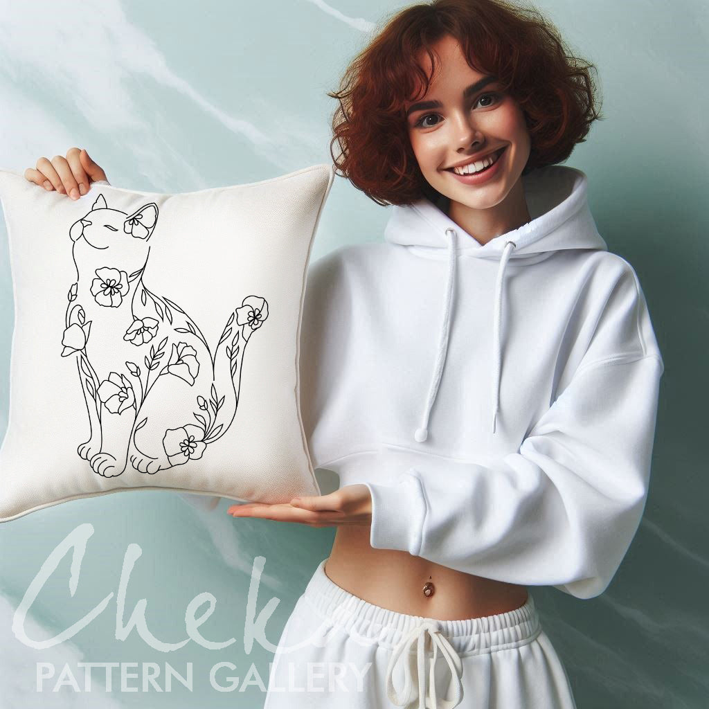 Cat and flowers Hand embroidery pattern, Cat portrait, Embroidery blueprint, Modern Cat Embroidery. Cat lover gift, Beginner embroidery PDF