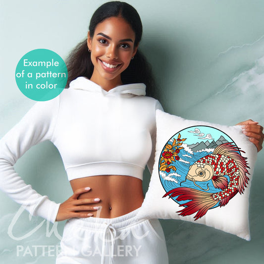 Koi Fish Embroidery, Fish Embroidery Template. Koi Fish Embroidery Pattern, PDF Download Hand Embroidery. Japanese embroidery design PDF