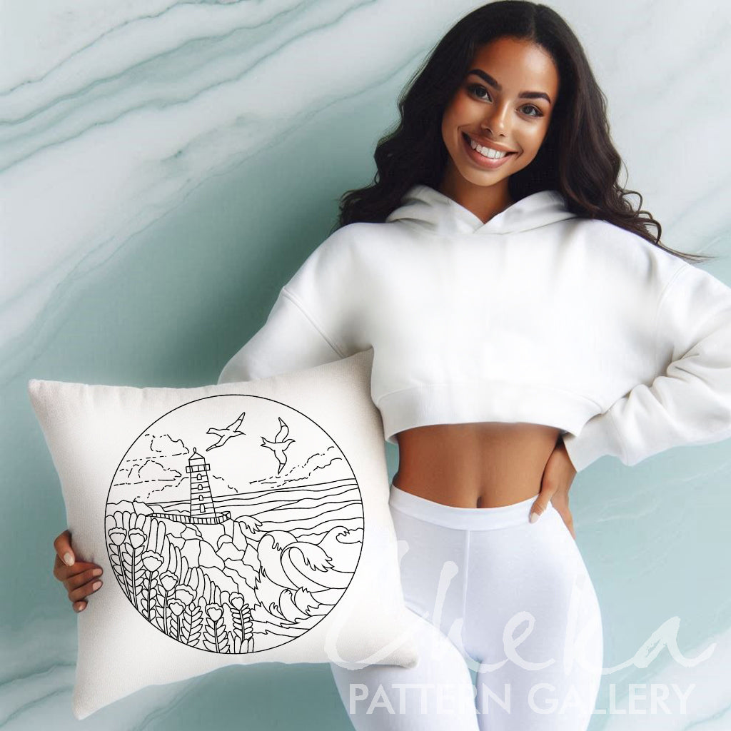 Lighthouse embroidery pattern, pdf embroidery pattern, Modern Sea Art, Home Decor, Summer Landscape, Ocean Waves, Coastal Decor,Summer Craft