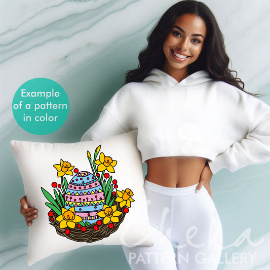 Easter egg hand embroidery pattern, pattern for hand embroidery pdf, Easter egg in nest with flowers, Spring embroidery, spring flowers PDF