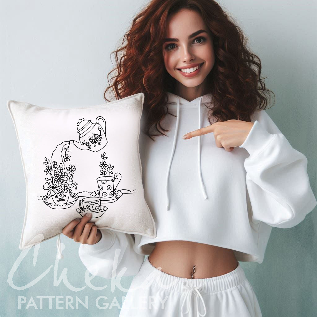 Teapot with flowers, Hand Embroidery Template, Tea ceremony, tea set Embroidery Pattern PDF, Spring Hand Embroidery Pattern, Beginner craft
