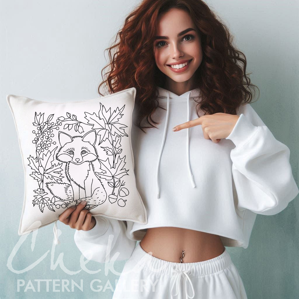 Fox among leaves pattern. Cute baby fox, hand embroidery pattern. Fox pattern, forest animal portrait. Fox lover gift, embroidery pattern
