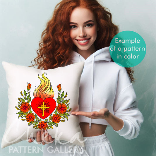 Sacred Heart Of Jesus pattern, Catholic Religious Symbol, Instant Digital Download. Embroidery Pattern, Christian Hoop Art,Heart and Flowers