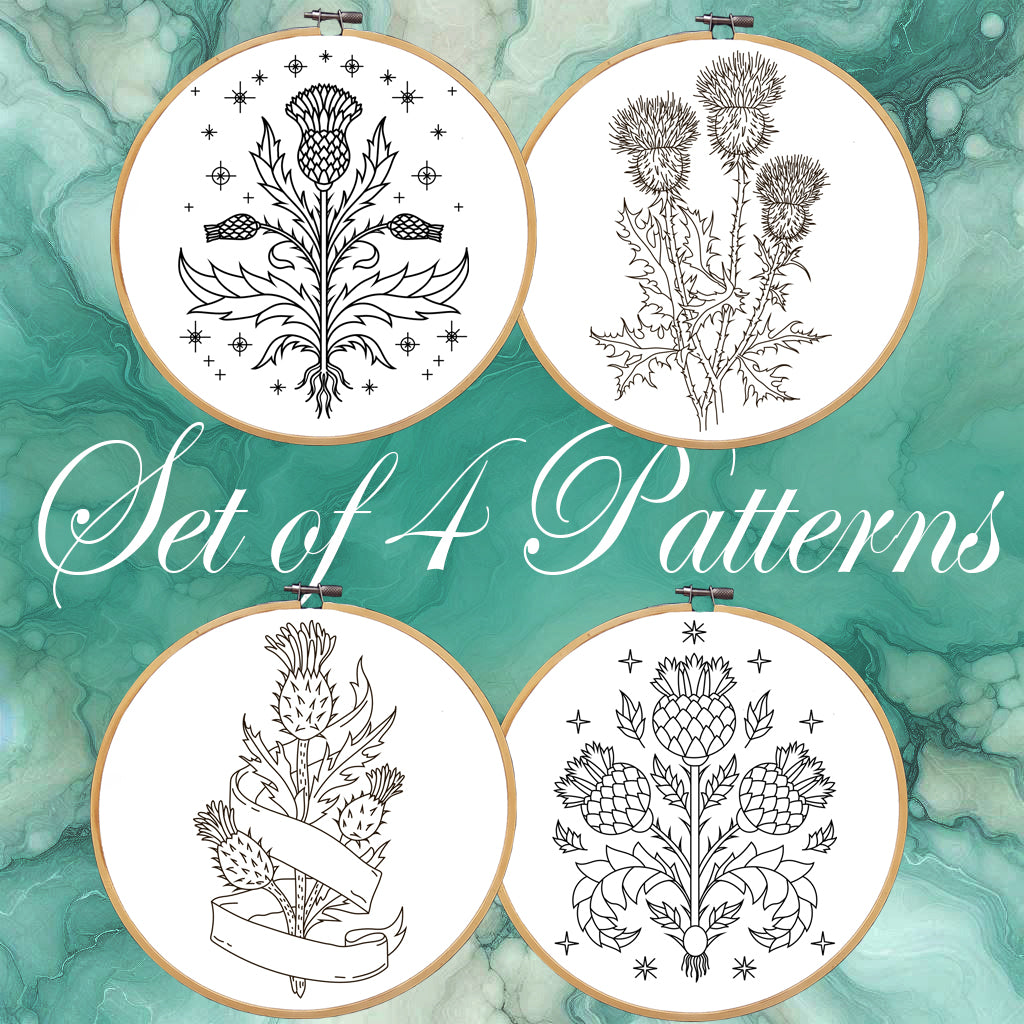 Thistle Embroidery bundle, set of 4 floral hand embroidery designes. Embroidery patterns with thistle. Traditional Scottish Crest, Hoop Art, Embroidery Designs