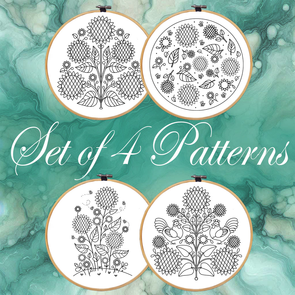 Sunflower Embroidery bundle, set of 4 floral hand embroidery patterns. Embroidery patterns with sunflowers. Digital embroidery bundle