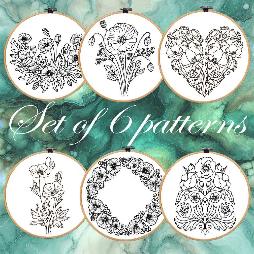 Poppy Embroidery bundle, set of 6 floral hand embroidery patterns. Embroidery patterns with red field poppy, floral embroidery, hoop art