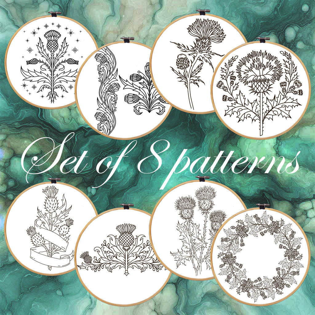 Thistle Embroidery bundle, set of 8 floral hand embroidery designes. Embroidery patterns with thistle. Traditional Scottish Crest, Hoop Art