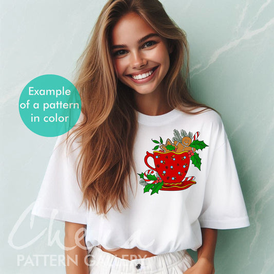 Christmas embroidery pattern, Gingerbread Man pattern, Holiday Christmas cup with Holly hand embroidery pattern, Christmas Holly Berries