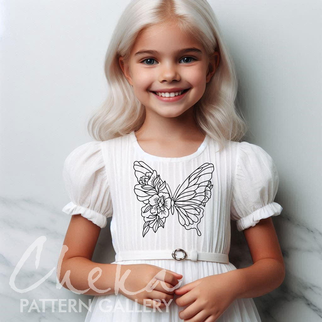 girl dress butterfly, Butterfly embroidery pattern, embroidery pattern on clothes. Butterfly with flowers, hand embroidery pattern. Butterfly Female Embroidery
