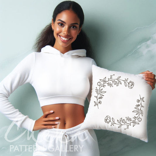 Floral pattern for hand embroidery. Pattern for a sofa cushion. Simple Embroidery for beginners. Hand embroidery scheme for a pillow case, embroidered pillow