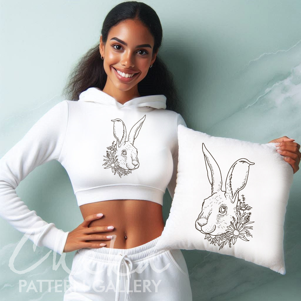 pillow case with deisies,Hare portrait with flowers. Hand embroidery Pattern with hare and wildflowers. Digital template for hand embroidery,embroidery pattern PDF