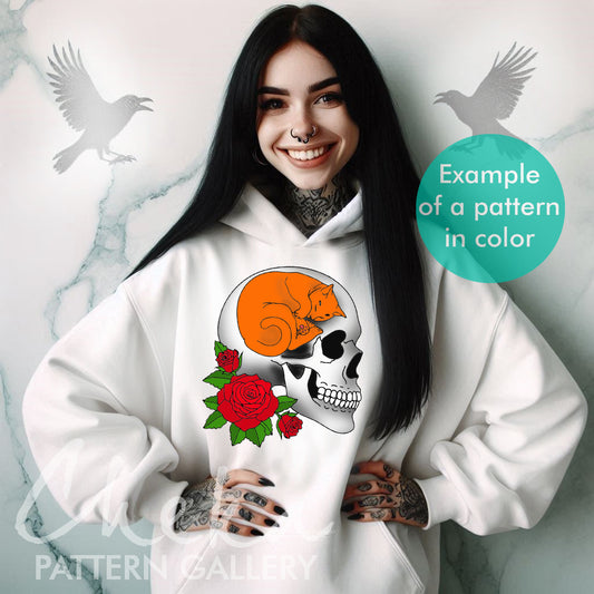 woman gothic hoodie, Skull with flowers and cat, pattern for hand embroidery. Bouquet of roses.Cat Embroidery scheme with skull, gothic home decor with own hands