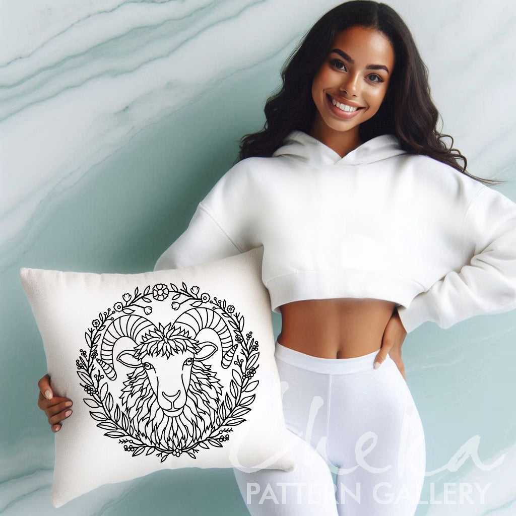 sheep pillow, A sheep, pattern for hand embroidery with a ram's head. Design for hand embroidery with bighorn. Curly sheep with flowers, digital download