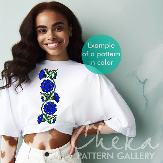 cornflower tshirt, Blue Cornflower, Decorative pattern for embroidery with cornflower. Pattern for decoration in a rural style, floral hand embroidery pattern.