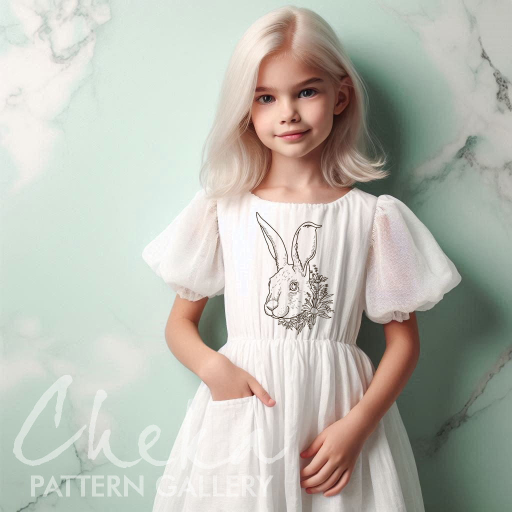 girl dress deisies, Hare portrait with flowers. Hand embroidery Pattern with hare and wildflowers. Digital template for hand embroidery,embroidery pattern PDF