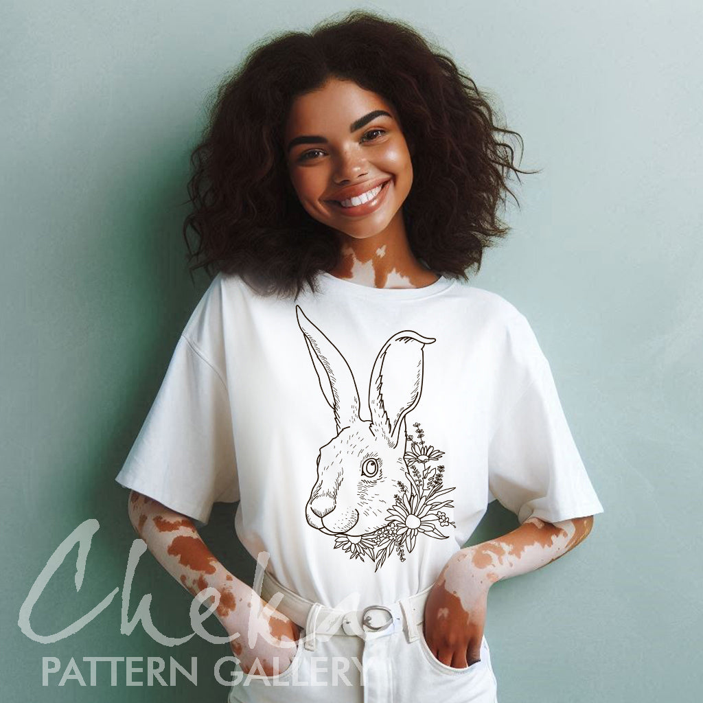 shirt bunny, Hare portrait with flowers. Hand embroidery Pattern with hare and wildflowers. Digital template for hand embroidery,embroidery pattern PDF