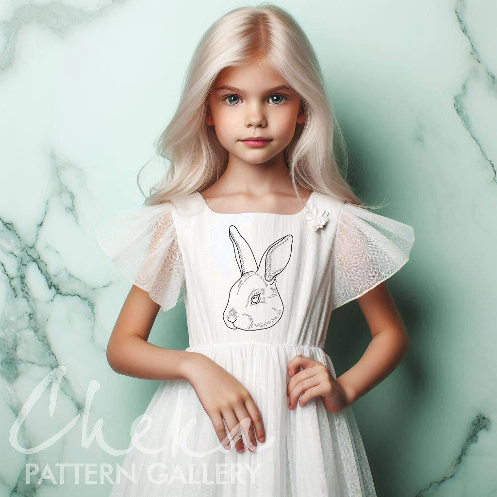bunny dress, Bunny embroidery pattern, digital pet portrait. Embroidery scheme,fancy animal embroidery, bunny embroidery template, pet embroidery design